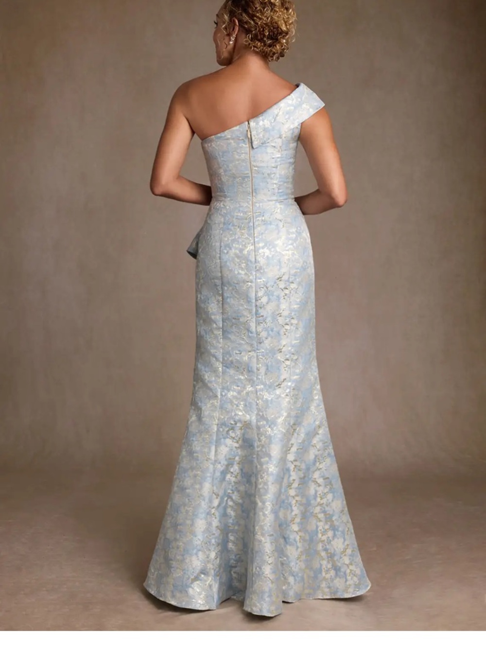 Azazie One-Shoulder Floral Jacquard Gown in Light Blue and Silver - Picture 4 of 6